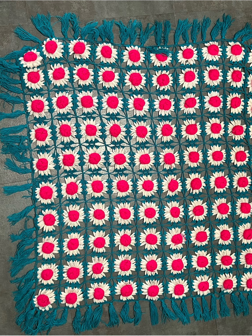 Source Unknown Teal Crochet Blanket with Pink and White Floral Squares